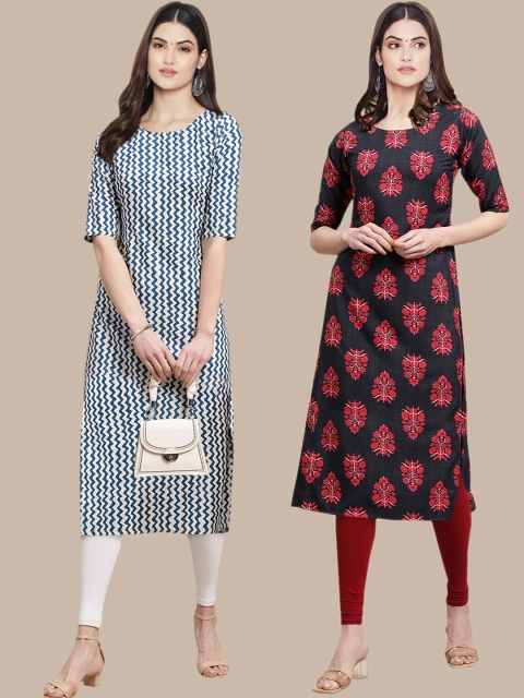 

KALINI Women Pack Of 2 Blue & Black Geometric Printed Crepe Kurta