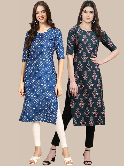 

KALINI Women Pack Of 2 Blue & Green Floral Printed Block Print Crepe Kurtas