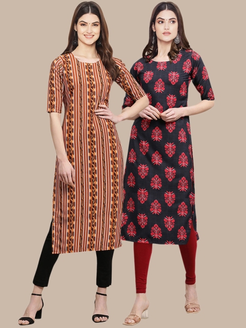 

KALINI Women Pack of 2 Brown & Black Floral Printed Floral Crepe Kurta