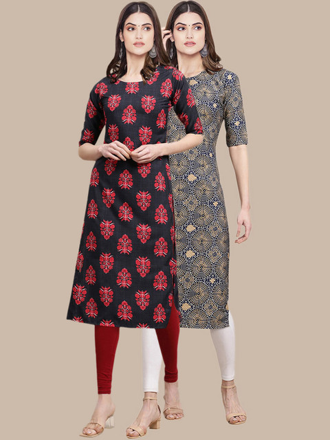 

KALINI Women Pack Of 2 Floral Printed Block Print Handloom Crepe Kurta, Multi