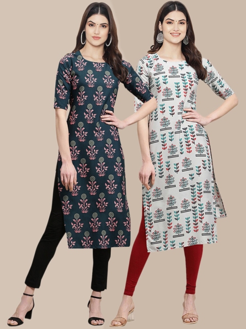 

KALINI Pack of 2 Women Green & Grey Printed Straight Crepe Kurta