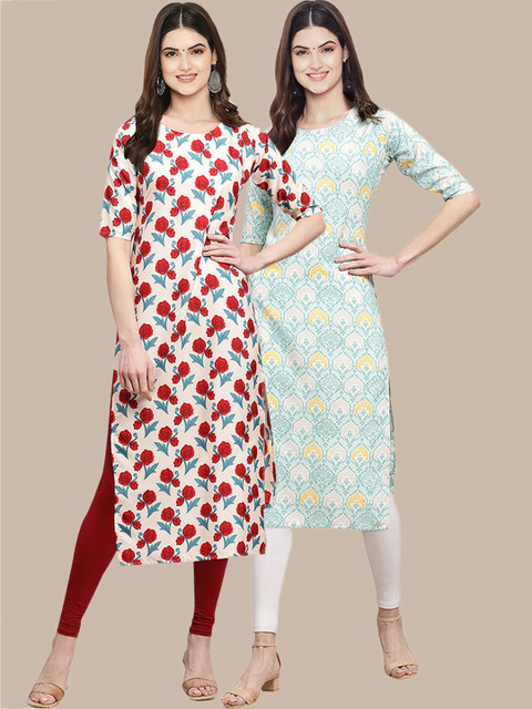 

KALINI Women Set Of 2 White & Blue Floral Printed Crepe Kurta