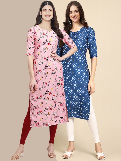

KALINI Women Pack of 2 Pink & Blue Ethnic Motifs Printed Handloom Crepe Kurta