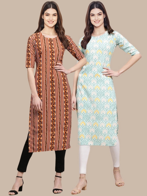 

KALINI Women Pack Of 2 Brown & Blue Geometric Printed Block Print Crepe Kurtas