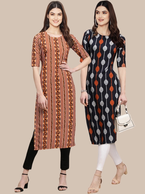 

KALINI Women Set Of 2 Mustard Yellow & Black Geometric Printed Crepe Kurta