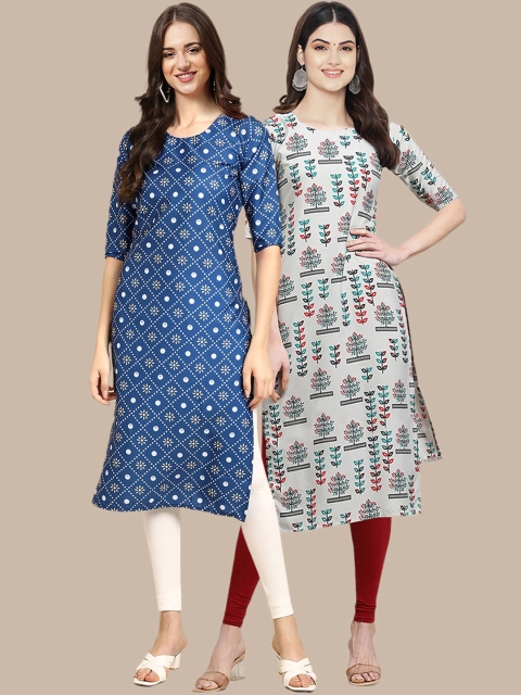 

KALINI Women Pack Of 2 Blue & Grey Geometric Crepe Kurta