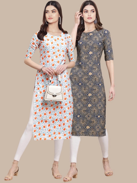 KALINI Women Pack Of 2 Off White & Grey Ethnic Motifs Printed Handloom Crepe Kurta