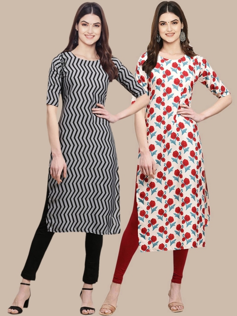 

KALINI Women Pack of 2 Black & White Ethnic Motifs Printed Crepe Kurta