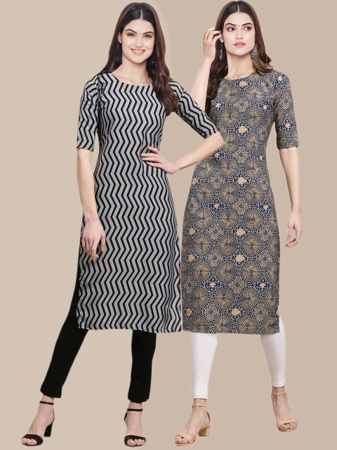 

KALINI Women Pack of 2 Black & Beige Ethnic Motifs Printed Crepe Kurta