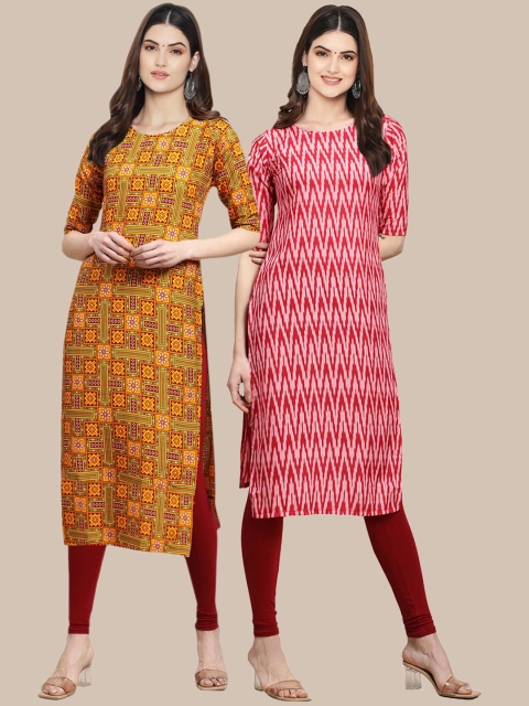 

KALINI Women Pack of 2 Mustard Yellow & Pink Ethnic Motifs Printed Crepe Kurta