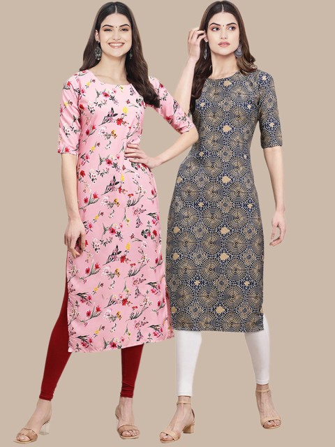 

KALINI Women Grey & Pink Floral Printed Crepe Pack of 2 Kurtas