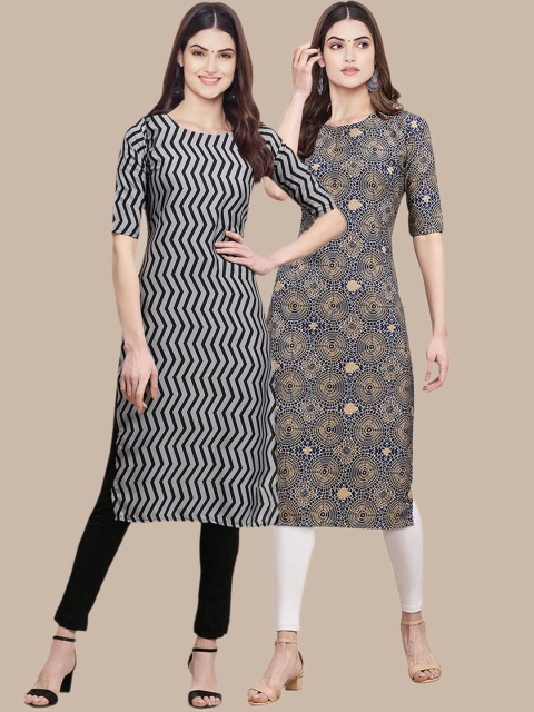 

KALINI Women Pack Of 2 Grey & Blue Geometric Printed Crepe Kurta