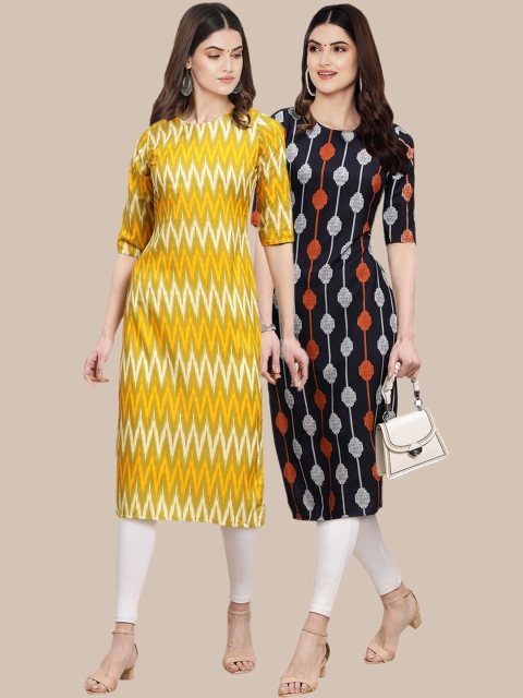 

KALINI Women Yellow & Black Geometric Printed Crepe Pack of 2 Kurtas
