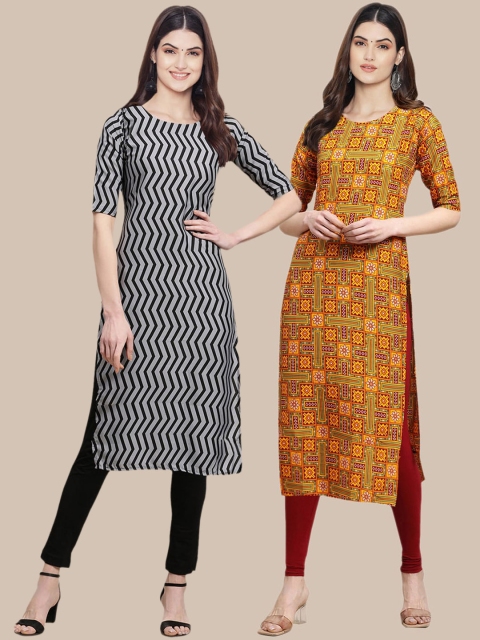 

KALINI Women Pack Of 2 Grey & Yellow Geometric Printed Block Print Crepe Kurta