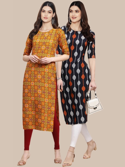 

KALINI Women Pack Of 2 Printed Block Print Summer Sheers Crepe Kurta, Mustard