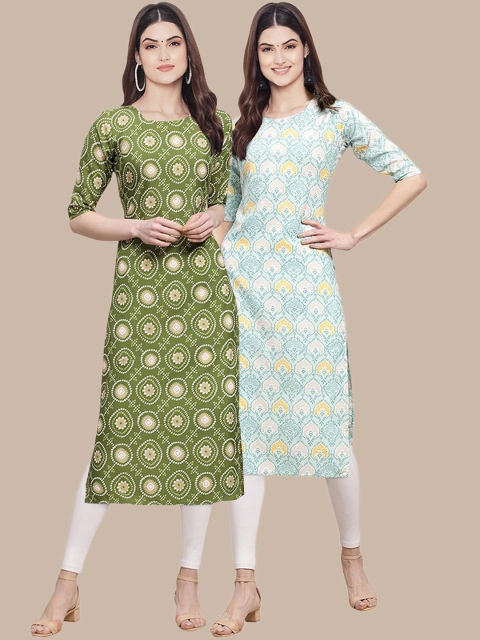 

KALINI Women Pack of 2 Green & Blue Ethnic Motifs Printed Crepe Kurta