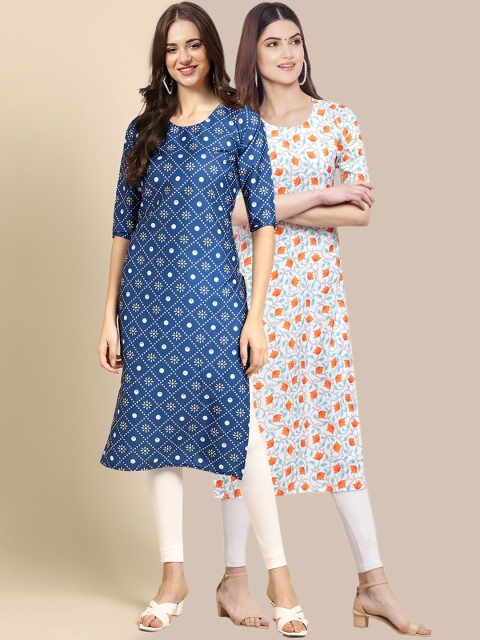 

KALINI Women Pack Of 2 Blue & White Floral Printed Block Print Crepe Kurta