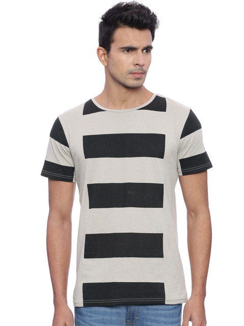 

Blue Saint Men Grey & Black Striped Round Neck T-shirt