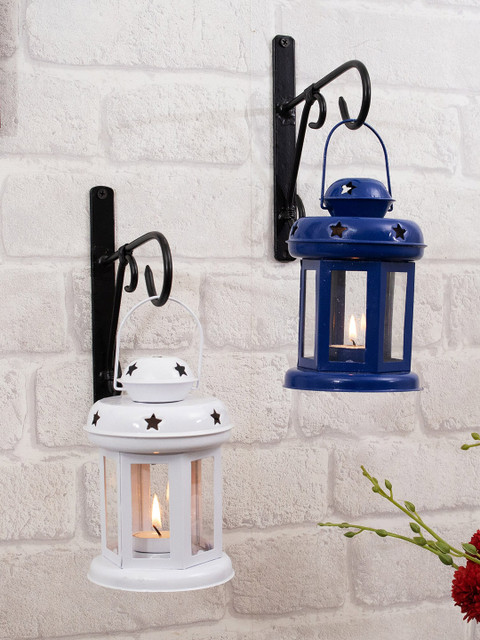

Homesake Set Of 2 Blue and White Metal Decorative Lantern Shape Candle Holders & Wall Hook