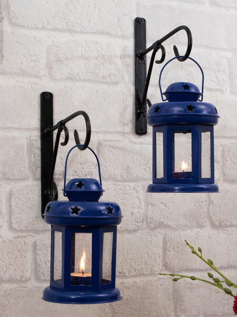 

Homesake Set of 2 Navy-Blue Star Metal Decorative Lantern Shape Candle Holders & Wall Hook
