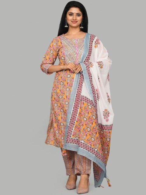 

Mishpra Women Yellow Floral Print Pure Cotton Empire Kurti With Trousers & Dupatta