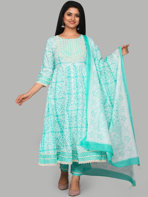 

Mishpra Women Sea Green Printed Pure Cotton Kurta with Trousers & With Dupatta
