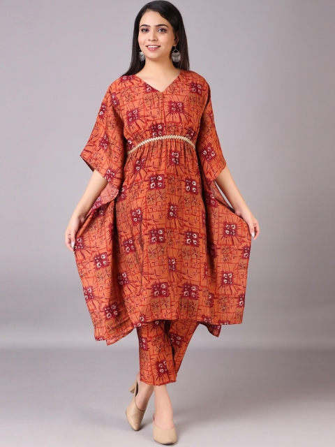 

V TRADITION Women Orange Printed Kurta with Trousers