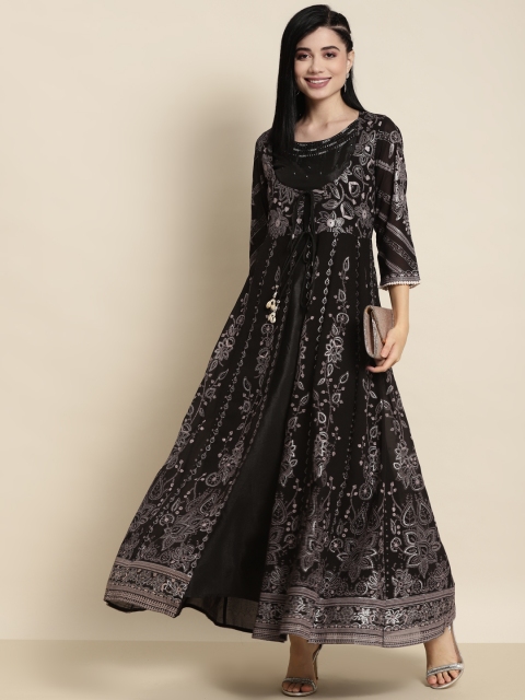 

Juniper Black Printed Georgette Layered Maxi Ethnic Dress