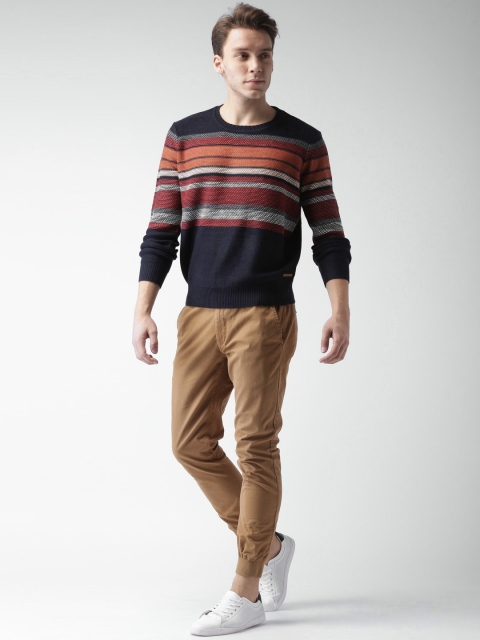 

Mast & Harbour Men Navy & Rust Striped Pullover, Navy blue