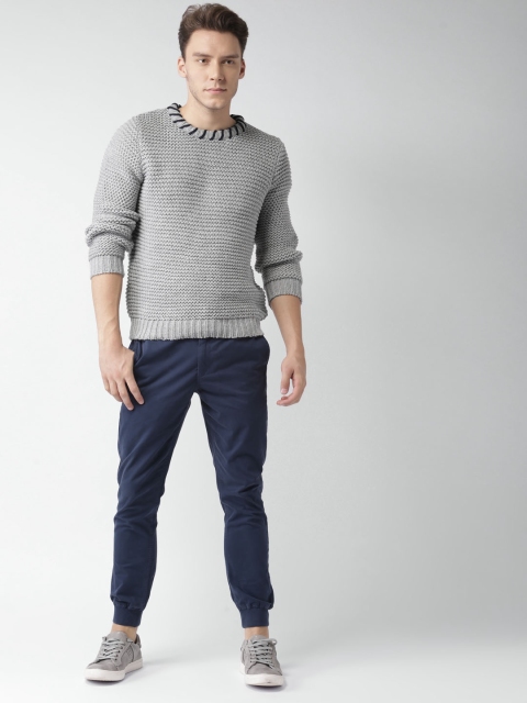 

Mast & Harbour Men Grey Melange Self Design Pullover