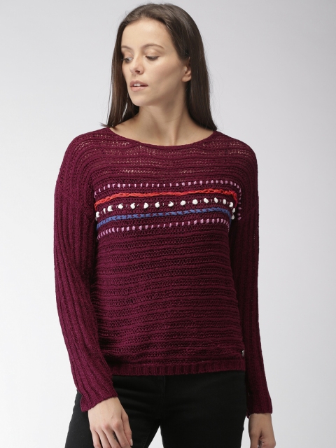 

Mast & Harbour Women Maroon Self Design Pullover