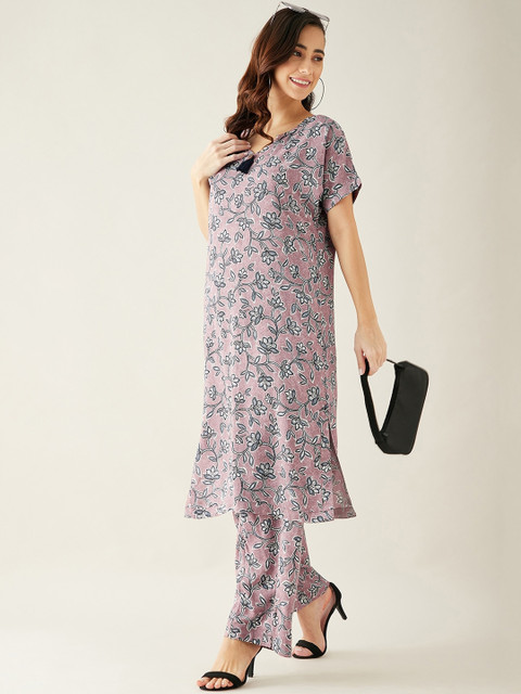 

The Kaftan Company Women Floral Printed Kurta With Palazzos, Mauve