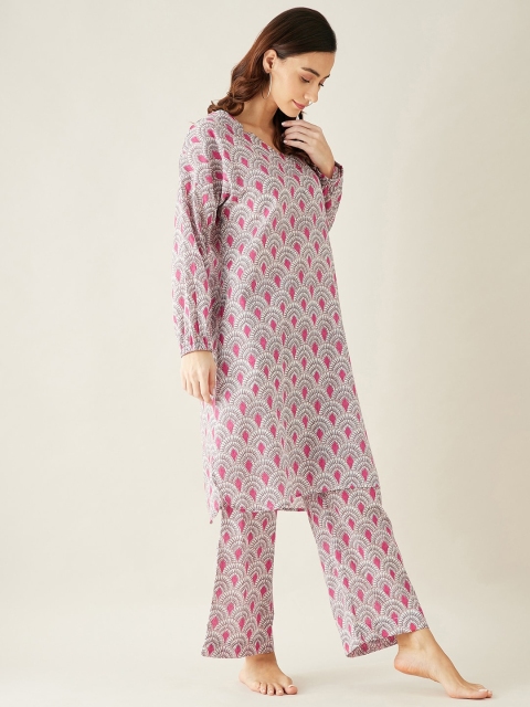 

The Kaftan Company Women Printed Pure Cotton Kurta with Palazzos, White