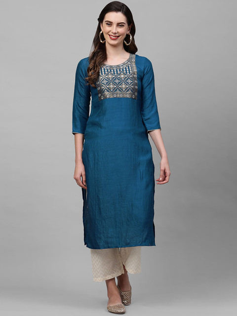 

KALINI Women Blue Geometric Yoke Design Thread Work Kurta