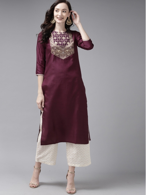 

KALINI Women Magenta Ethnic Motifs Yoke Design Thread Work Kurta