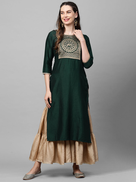 

KALINI Women Green Yoke Design Thread Work Straight Kurta