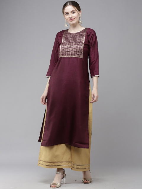 

KALINI Women Magenta Geometric Yoke Design Liva Kurta