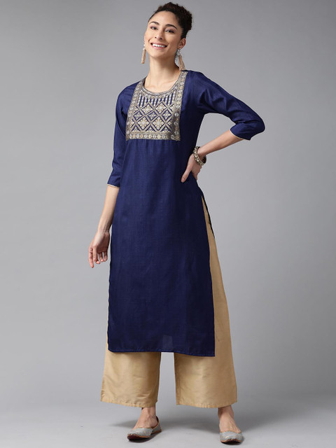 

KALINI Women Navy Blue Geometric Yoke Design Kurta