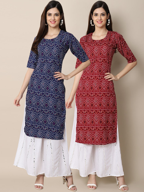 

KALINI Women Blue & Red Set Of 2 Ethnic Motifs Printed Crepe Kurta