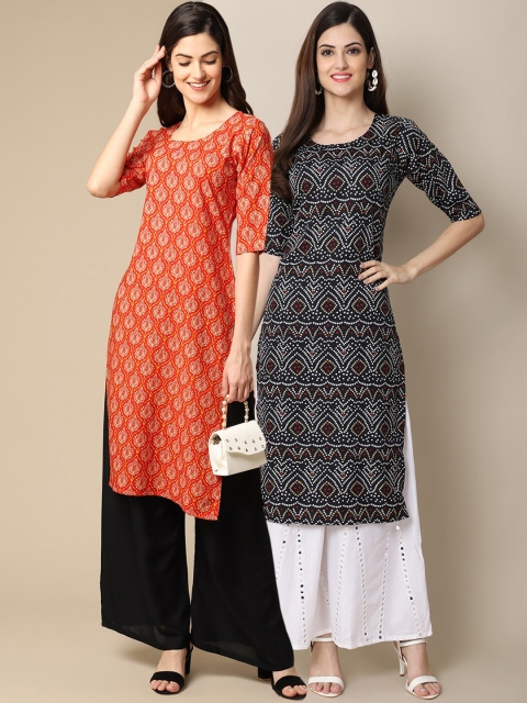 

KALINI Women Pack Of 2 Printed Block Print Summer Sheers Crepe Kurta, Orange
