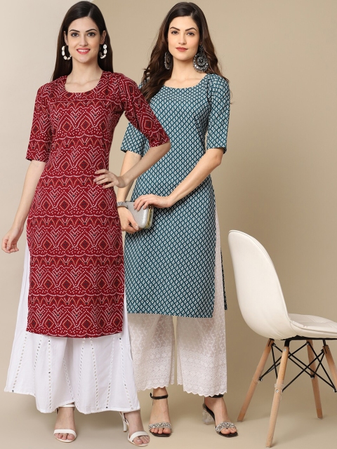 

KALINI Women Pack Of 2 Blue & Red Ethnic Motifs Printed Crepe Kurta