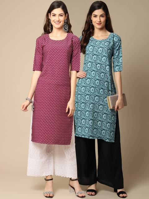 

KALINI Women Red & Turquoise Blue Pack Of 2 Geometric Printed Crepe Kurta