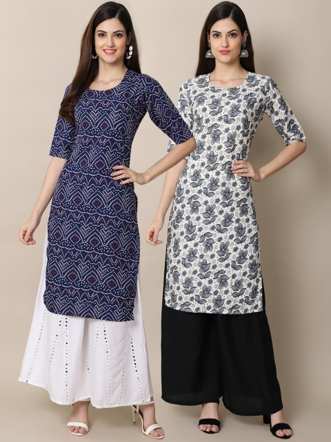 

KALINI Women Pack Of 2 Blue & White Floral Printed Crepe Straight Kurta
