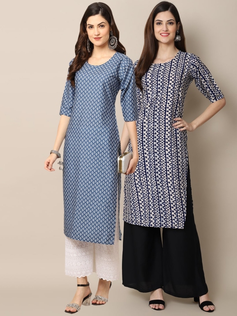 

KALINI Women Blue & Navy Blue Geometric Printed Block Print Crepe Kurta