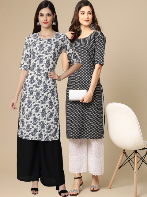 

KALINI Women Pack of 2 Black & White Ethnic Motifs Printed Crepe Kurta
