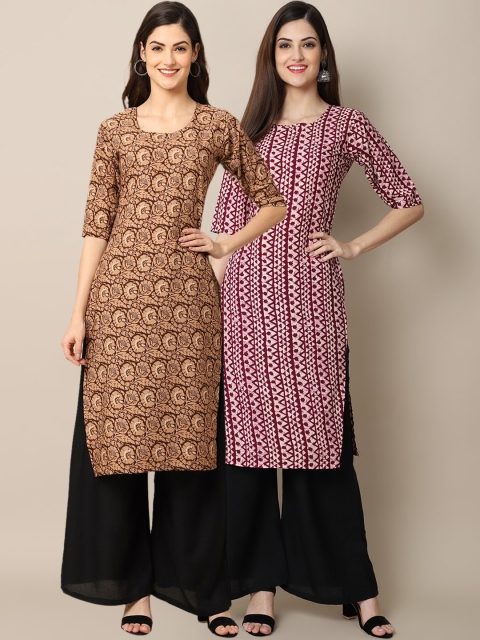 

KALINI Women Pack Of 2 Tan & Burgundy Floral Printed Crepe Straight Kurta