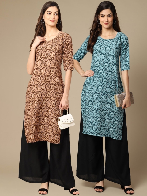 

KALINI Women Pack of 2 Brown & Blue Floral Printed Crepe Kurta