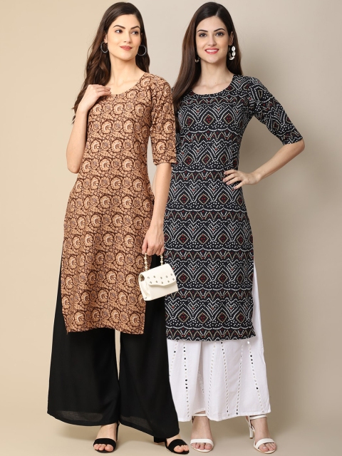 

KALINI Women Pack Of 2 Tan & Blue Floral Printed Crepe Straight Kurta, Multi