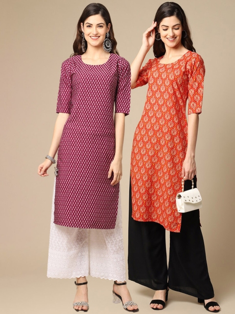 

KALINI Women Pack Of 2 Orange & Burgundy Ethnic Motifs Printed Straight Crepe Kurta