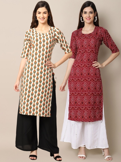 

KALINI Women Pack of 2 Printed Crepe Kurta, Beige